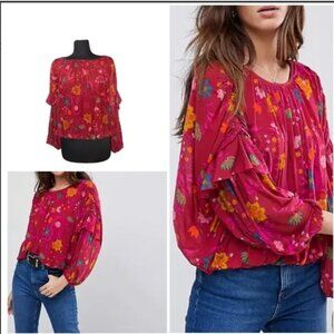 Free People Pink Ruched 3/4 Sleeve Blouse